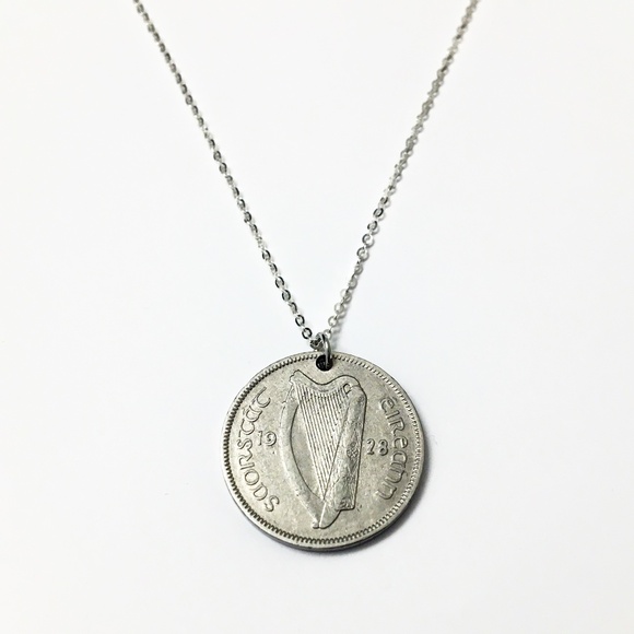 1928 Irish Silver Coin Necklace — Italy 925 Sterling Silver Chain — 18-inch - Picture 1 of 5